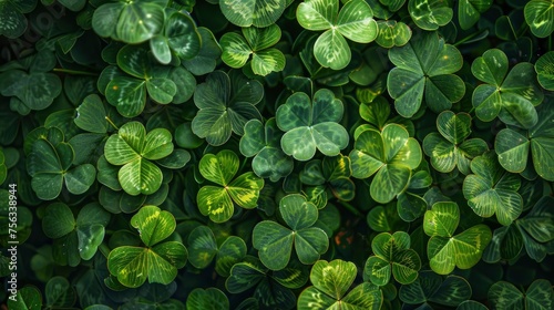 Realistic clover leaves apart from each other photo pattern, flat color background, isometric, view from top, bird eye view, professional studio shoot