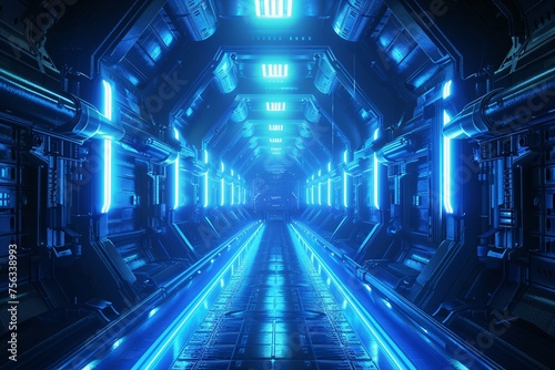 Neon-Lit Corridor A Futuristic, Blue-Lit Pathway Generative AI
