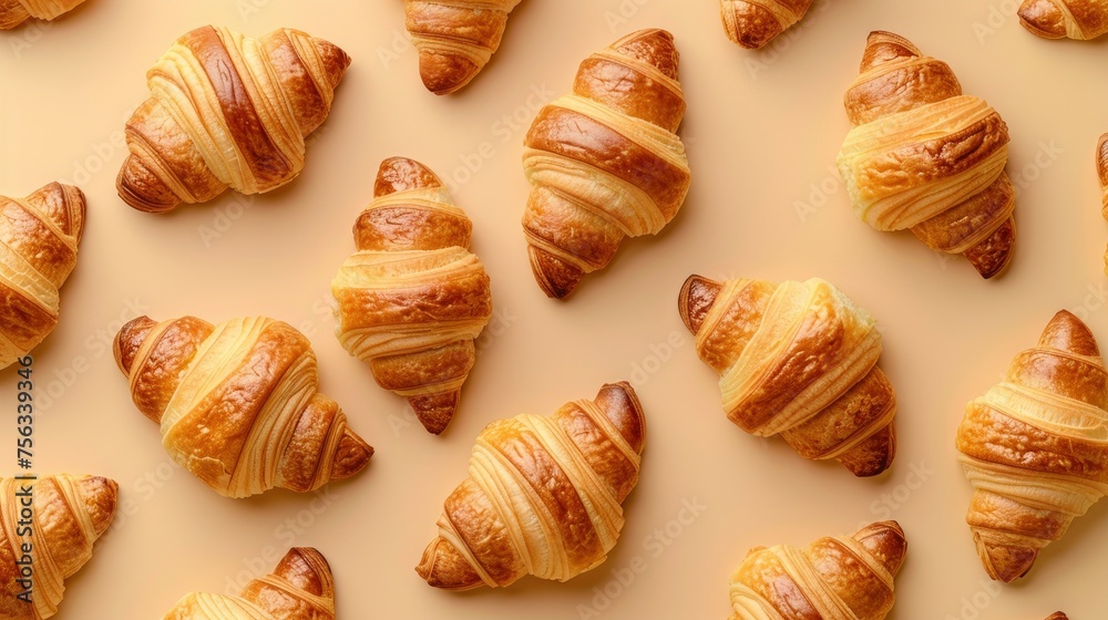 Realistic croissants apart from each other photo pattern, flat color background, isometric, view from top, bird eye view, professional studio shoot Realistic croissants apart from each other photo pattern, flat color background, isometric, view from top, bird eye view, professional studio shoot