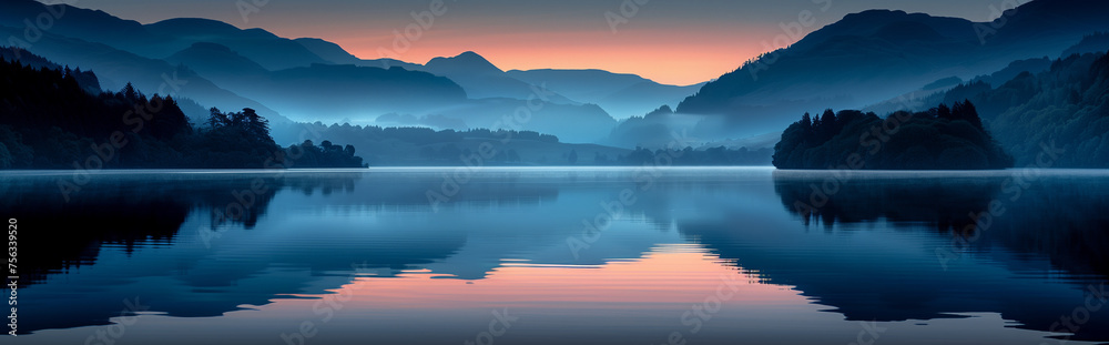 Serene twilight over a calm lake with silhouetted mountains