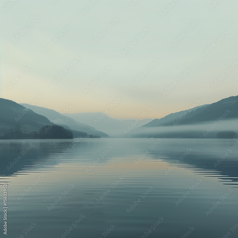 Serene lake at dawn with misty mountains
