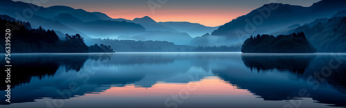 Serene twilight over a calm lake with silhouetted mountains © Andrea Marongiu