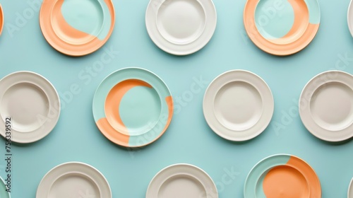 Realistic empty plates apart from each other photo pattern, flat color background, isometric, view from top, bird eye view, professional studio shoot