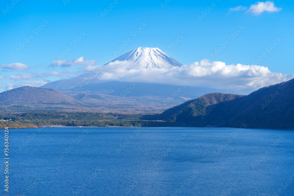 Mount Fuji at lake Motosu near Kawaguchiko, one of the Fuji Five Lakes located in Yamanashi, Japan. Landmark for tourists attraction. Japan Travel, Destination, Vacation and Mount Fuji Day concept
