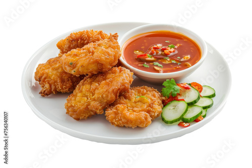 Thai style fish cake appetizer with crispy golden fish cakes served with sweet chilli sauce and cucumber sauce on a white plate.