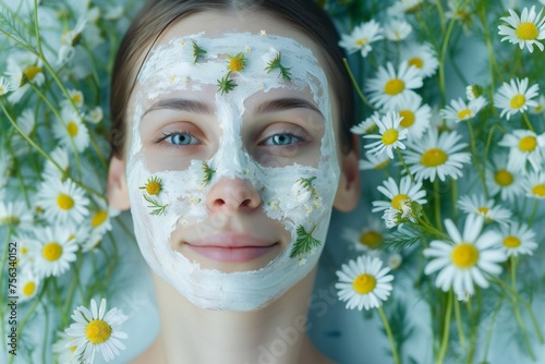 Beautiful girl in flowers mask. beauty portrait of young woman with chamomile on her face