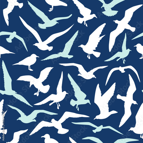 Seagulls seamless pattern nautical repeat design. White sea gull silhouettes on navy blue background. Marine summer repeat design coastal life print - seagull birds random flight vector illustration.