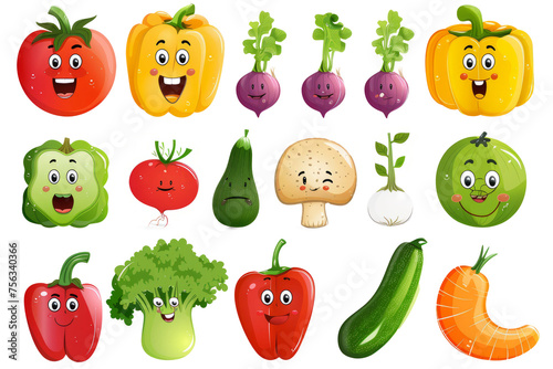 vegetables with cute characters for a children's book or story