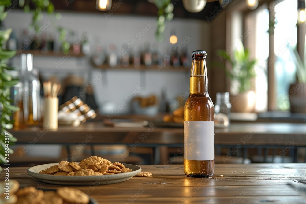 A bottle of beer sits on a table next to a plate of salad