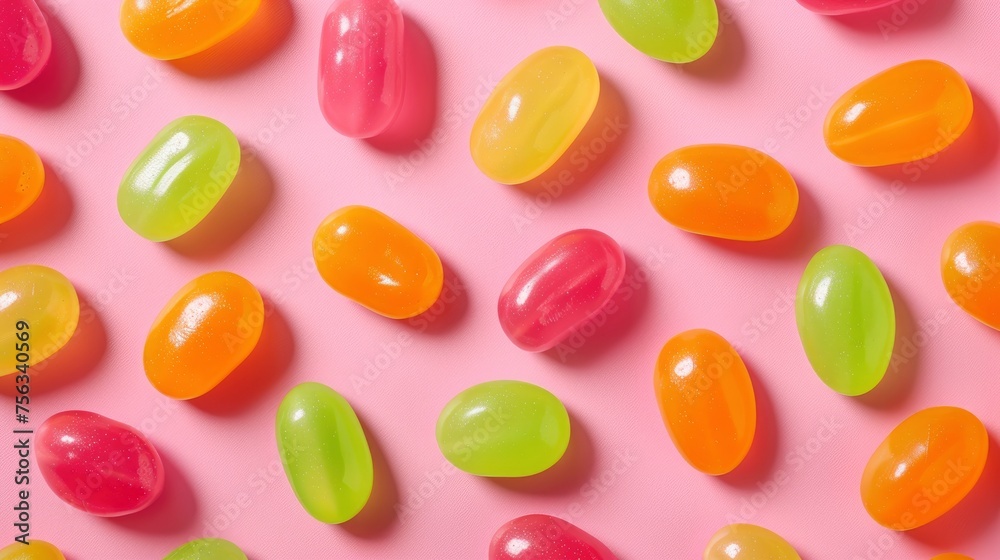 Realistic jelly beans apart from each other photo pattern, flat color background, isometric, view from top, bird eye view, professional studio shoot Realistic jelly beans apart from each other photo pattern, flat color background, isometric, view from top, bird eye view, professional studio shoot