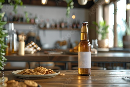 A bottle of beer sits on a table next to a plate of salad