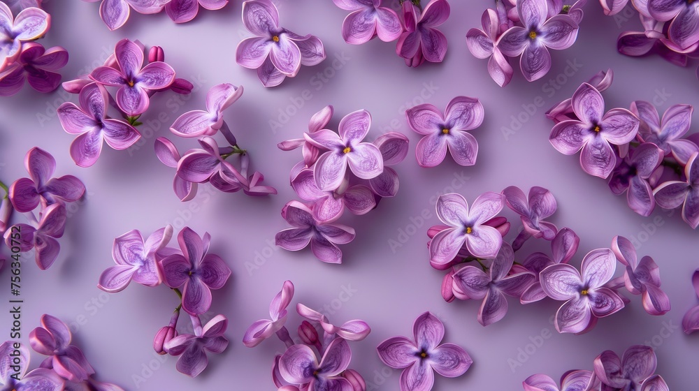 Realistic lilac flowers apart from each other photo pattern, flat color background, isometric, view from top, bird eye view, professional studio shoot