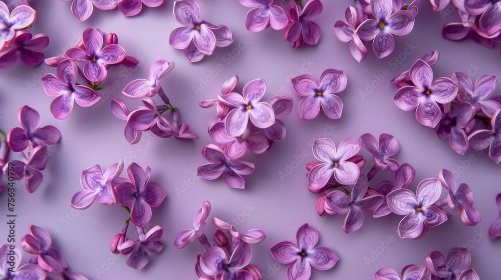 Fototapeta premium Realistic lilac flowers apart from each other photo pattern, flat color background, isometric, view from top, bird eye view, professional studio shoot