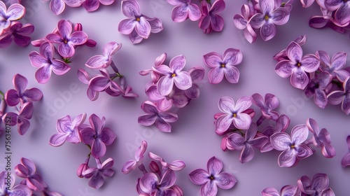 Realistic lilac flowers apart from each other photo pattern  flat color background  isometric  view from top  bird eye view  professional studio shoot