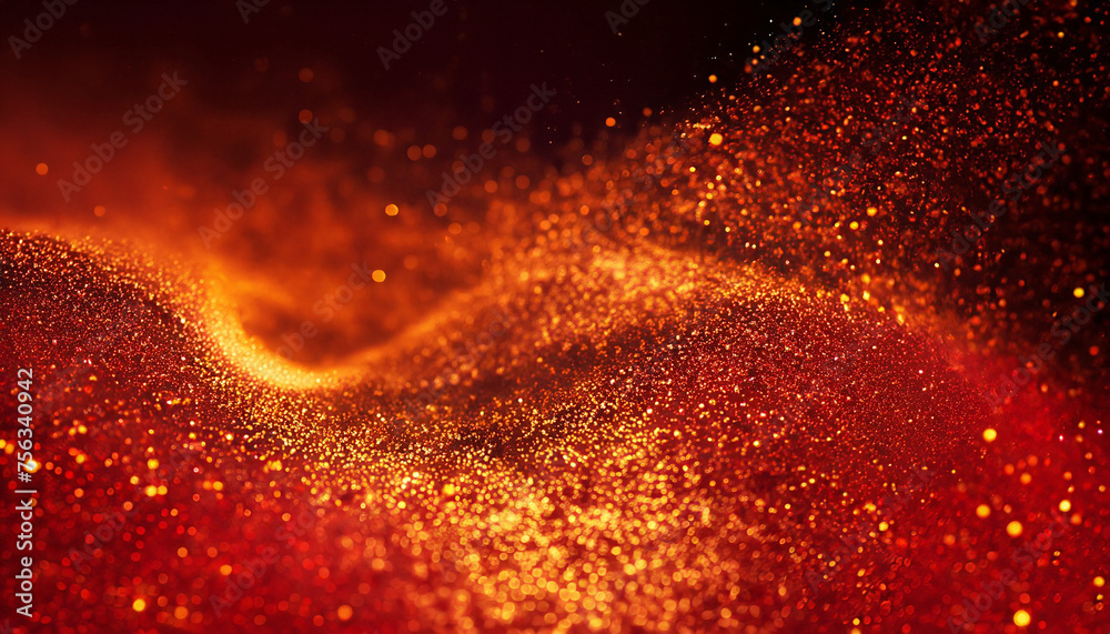 Whirling Gold Particles in Red Fluid. Magical waves of golden glittering particles in different shades of red liquid with depth of sharpness. Galaxy of countless golden dust particles.