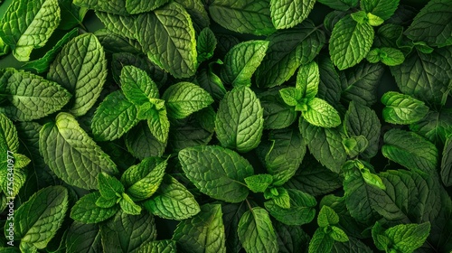 Realistic mint leaves apart from each other photo pattern, flat color background, isometric, view from top, bird eye view, professional studio shoot