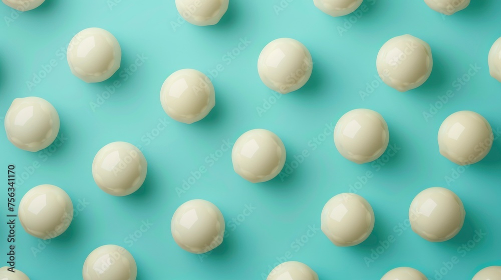 Realistic mozzarella balls apart from each other photo pattern, flat color background, isometric, view from top, bird eye view, professional studio shoot