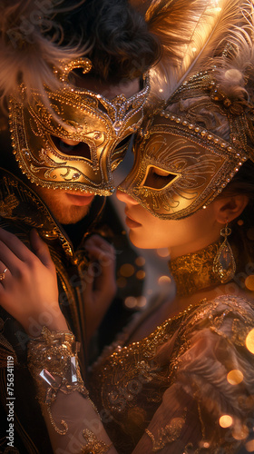 A couple in gold masks at a ball photo