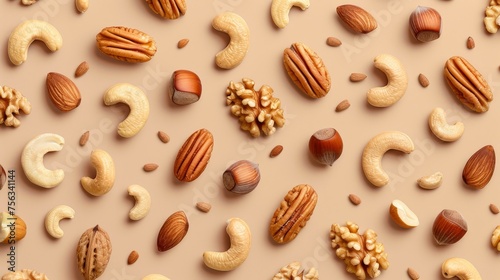 Realistic mixed nuts apart from each other photo pattern, flat color background, isometric, view from top, bird eye view, professional studio shoot 