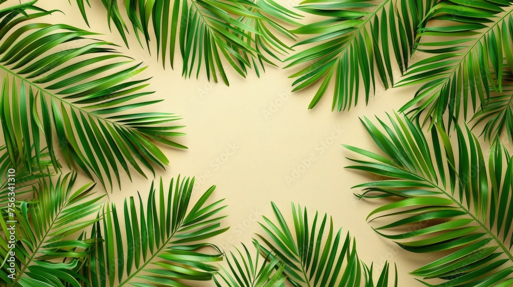 Realistic palm branches pattern, flat color background, isometric, view from top, bird eye view, professional studio shoot