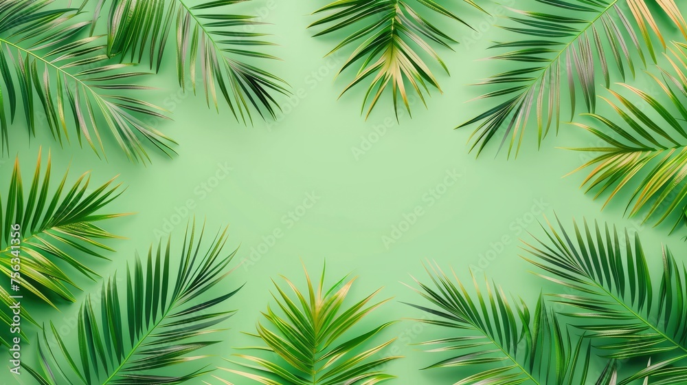 Realistic palm branches pattern, flat color background, isometric, view from top, bird eye view, professional studio shoot 