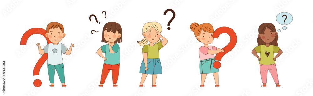 Curious Kid Character with Question Mark Vector Set