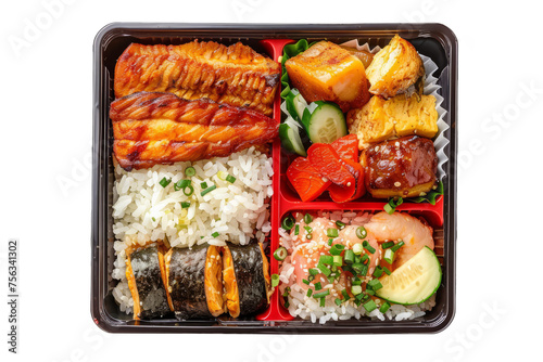 Japanese bento box filled with rice, grilled fish or chicken, pickled vegetables, and tamagoyaki.
