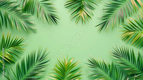 Realistic palm branches pattern, flat color background, isometric, view from top, bird eye view, professional studio shoot © shooreeq