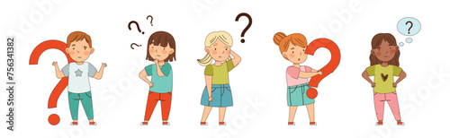 Curious Kid Character with Question Mark Vector Set