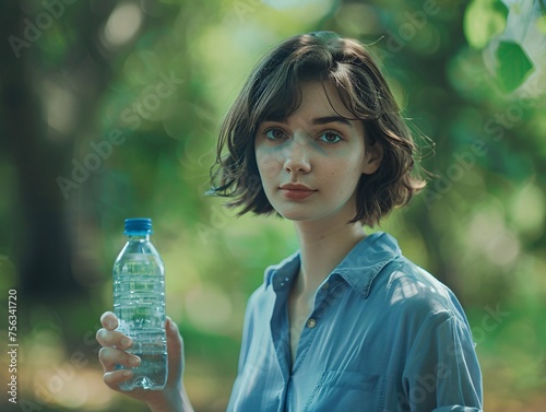 Eco-Chic A Woman in a Blue Shirt Holds a Bottle of Water, Embracing Sustainability and Earth-Friendly Practices Generative AI