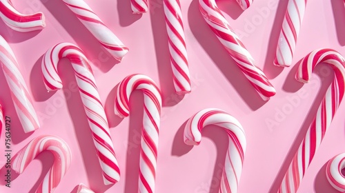 Realistic photo of candy cane pattern in shadow play style, flat color background, isometric, view from top, bird eye view, professional studio shoot
