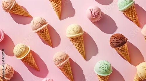 Realistic photo of ice creams pattern in shadow play style, flat color background, isometric, view from top, bird eye view, professional studio shoot