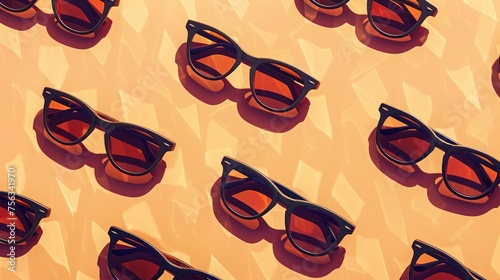 Realistic photo of sunglasses pattern in shadow play style, flat color background, isometric, view from top, bird eye view, professional studio shoot