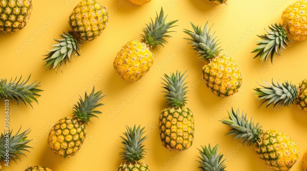 Realistic pineapples apart from each other photo pattern, flat color background, isometric, view from top, bird eye view, professional studio shoot