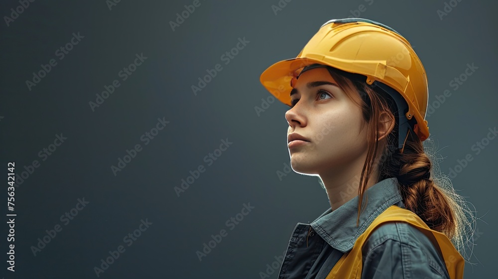 a female engineer wearing a yellow hard hat, positioned at the center of the screen in a low side angle shot, offering vast empty space for text. a female engineer wearing a yellow hard hat, positioned at the center of the screen in a low side angle shot, offering vast empty space for text.