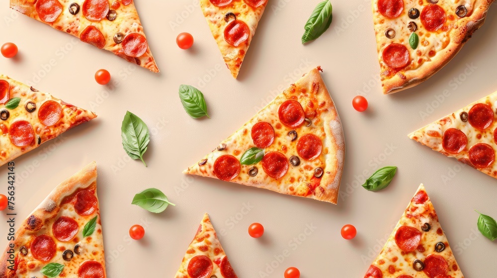Realistic pizza slices apart from each other photo pattern, flat color background, isometric, view from top, bird eye view, professional studio shoot Realistic pizza slices apart from each other photo pattern, flat color background, isometric, view from top, bird eye view, professional studio shoot