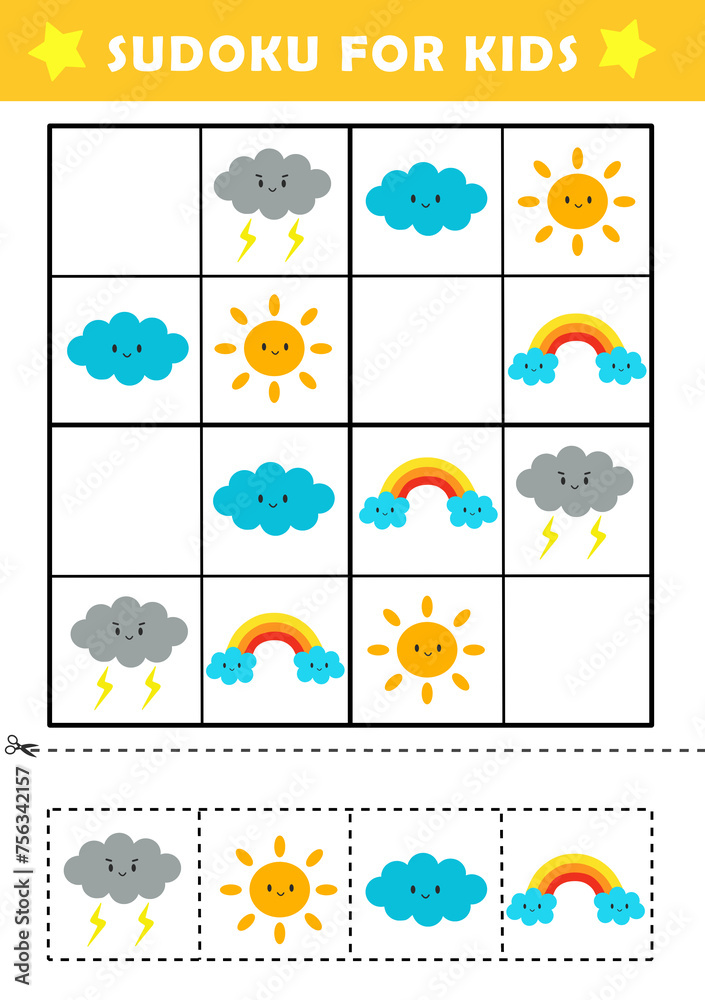 Fototapeta premium Sudoku logical reasoning activity for kids. Fun sudoku puzzle with cute illustration. Children educational activity worksheet. Sudoku game for children.