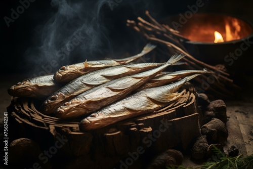 Salty Smoked mackerels. Golden fish food. Generate Ai © juliars