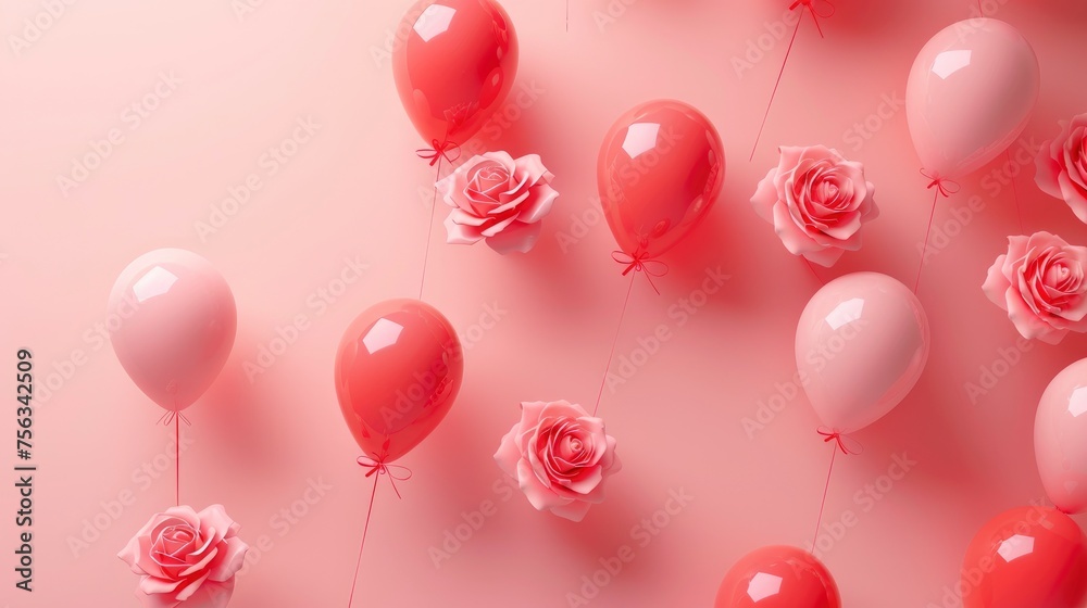 Realistic rose balloons apart from each other photo pattern, flat color background, isometric, view from top, bird eye view, professional studio shoot
