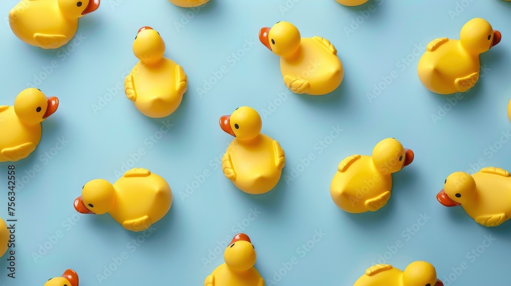 Realistic rubber ducks apart from each other photo pattern, flat color background, isometric, view from top, bird eye view, professional studio shoot Realistic rubber ducks apart from each other photo pattern, flat color background, isometric, view from top, bird eye view, professional studio shoot