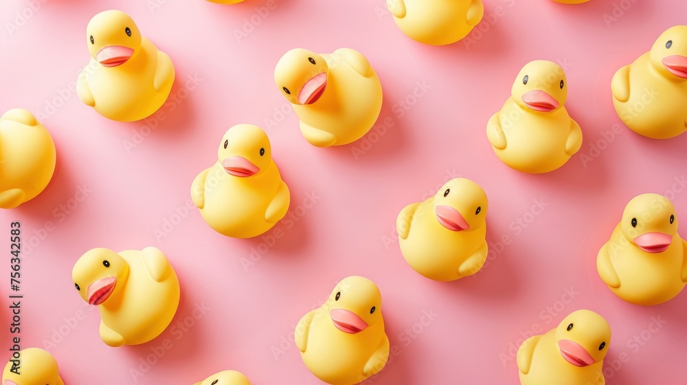 Realistic rubber ducks apart from each other photo pattern, flat color background, isometric, view from top, bird eye view, professional studio shoot Realistic rubber ducks apart from each other photo pattern, flat color background, isometric, view from top, bird eye view, professional studio shoot