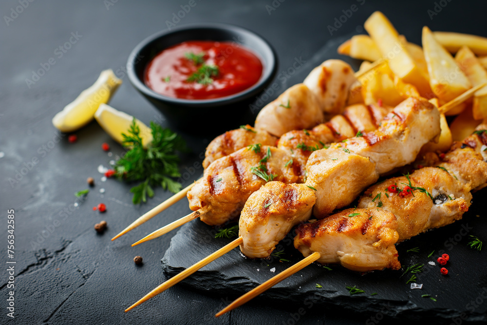 Grilled chicken skewers with french fries and sauce. Top view of delicious chicken skewers served with fries and dip on a dark plate With copy space
