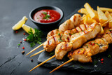 Grilled chicken skewers with french fries and sauce. Top view of delicious chicken skewers served with fries and dip on a dark plate With copy space