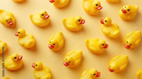 Realistic rubber ducks apart from each other photo pattern, flat color background, isometric, view from top, bird eye view, professional studio shoot 