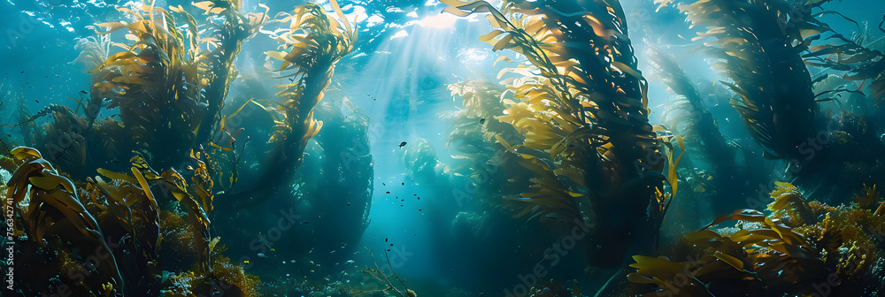 Obraz premium Underwater world, seaweeds and water plants waving in idyllic clean waters.