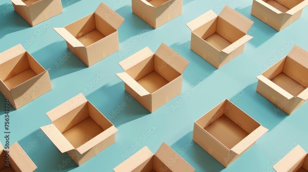 Realistic small opened empty boxes apart from each other photo pattern, flat color background, isometric, view from top, bird eye view, professional studio shoot