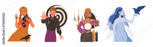 Man and Woman Character Fortune Teller with Mystical Paranormal Ability Vector Set