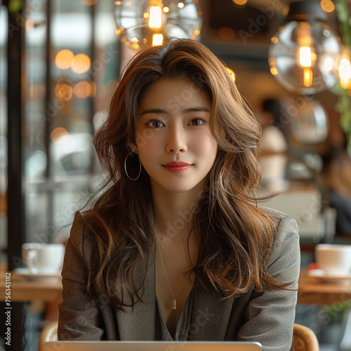 Asian young business girl working with laptop in coffee shop cafe ai technology