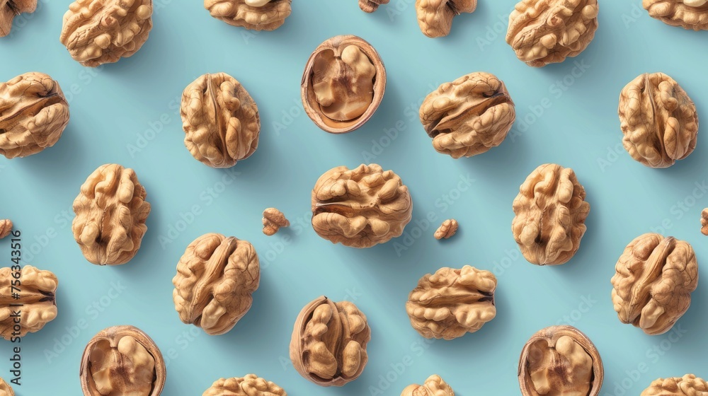 Realistic walnuts apart from each other photo pattern, flat color background, isometric, view from top, bird eye view, professional studio shoot Realistic walnuts apart from each other photo pattern, flat color background, isometric, view from top, bird eye view, professional studio shoot