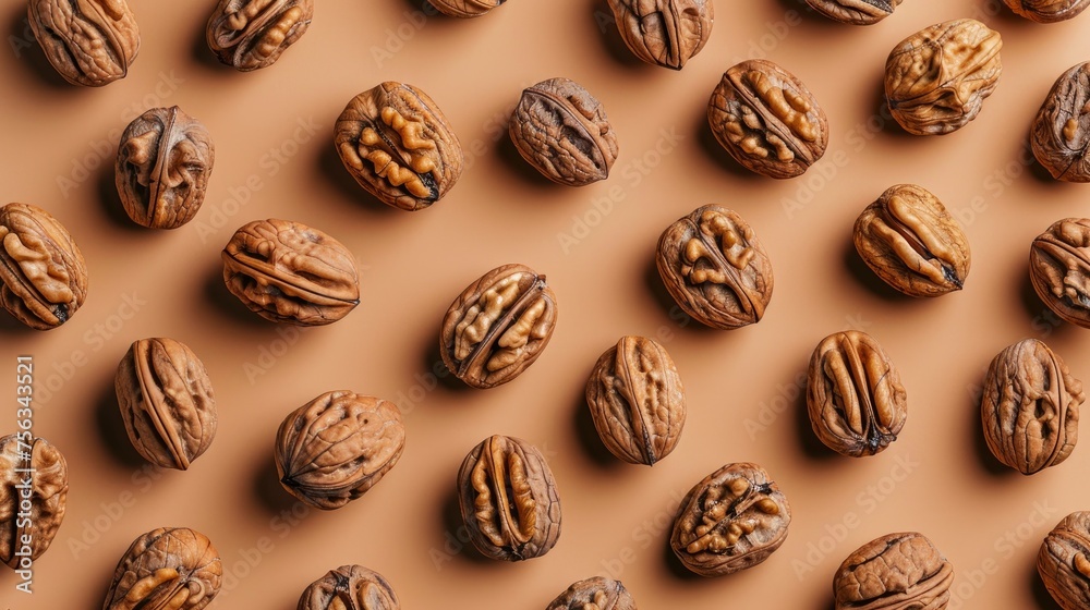 Realistic walnuts apart from each other photo pattern, flat color background, isometric, view from top, bird eye view, professional studio shoot Realistic walnuts apart from each other photo pattern, flat color background, isometric, view from top, bird eye view, professional studio shoot